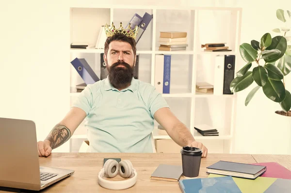 Worker of month. Office is my kingdom. King of office. Man bearded businessman wear golden crown. Top manager head office. Boss enjoying glory. Head office and ceo concept. Chief executive officer — Stock Photo, Image