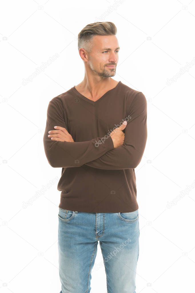 Man looks handsome in casual style. Guy wear casual outfit. Fashion for daily life. Fashion concept. Handsome fashion model. Feeling casual and comfortable. Menswear and fashionable clothing