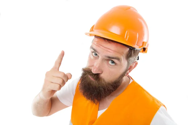 U waarschuwen. Gevaarlijke zone. Man ingenieur beschermende uniforme stop je. Architect bouwer ingenieur. Beschermende kleding voor de bouw industrie. Bearded hipster ingenieur. Senior Engineer bij site — Stockfoto