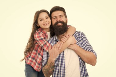 Little girl child love father. Happy family, happy child. Bearded man father with child. Fathers cutie. Family day. Happy little girl has long hair. Fathers day. Father and child. You are my treasure clipart