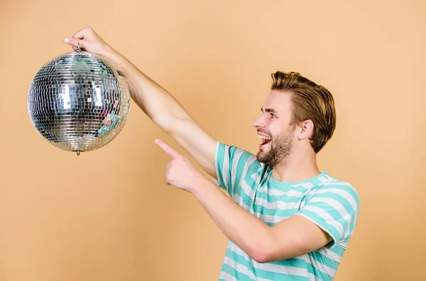 Party fun. man with disco ball. happy party-goer. party time. birthday celebration. christmas or new year holiday. man dancing on disco. having fun. lets celebrate. prom party. event manager — Stock Photo, Image