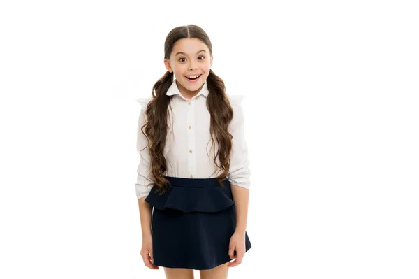 Perfect schoolgirl. Happy girl wear school uniform. Gorgeous tails perfect for every day of week. Back to school concept. Schoolgirl happy smiling pupil long curly hair. Diligent schoolgirl — Stock Photo, Image