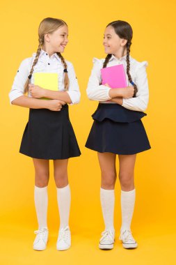 Küçük gruplar halinde eğitim. Yazmak için çalışma kitapları olan küçük kızlar. Ders kitapları tutan sevimli kız öğrenciler. Okul çocukları kitap okumayı öğrenir. Notlar için okul günlükleri olan çocuklar. Okula geri dön