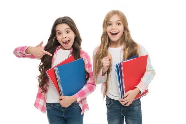 Feliz por serem estudantes. Conceito de material escolar. Adoramos estudar. Papelaria escolar. Alunos carregando grandes manuais para as aulas da escola. A ter aulas extra. Meninas com livros escolares fundo branco — Fotografia de Stock