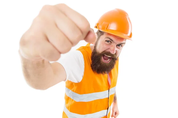 Yes we can. Man engineer protective uniform white background. Bearded brutal hipster safety engineer. Engineering career concept. Architect builder engineer. Safety apparel for construction industry — Stock Photo, Image
