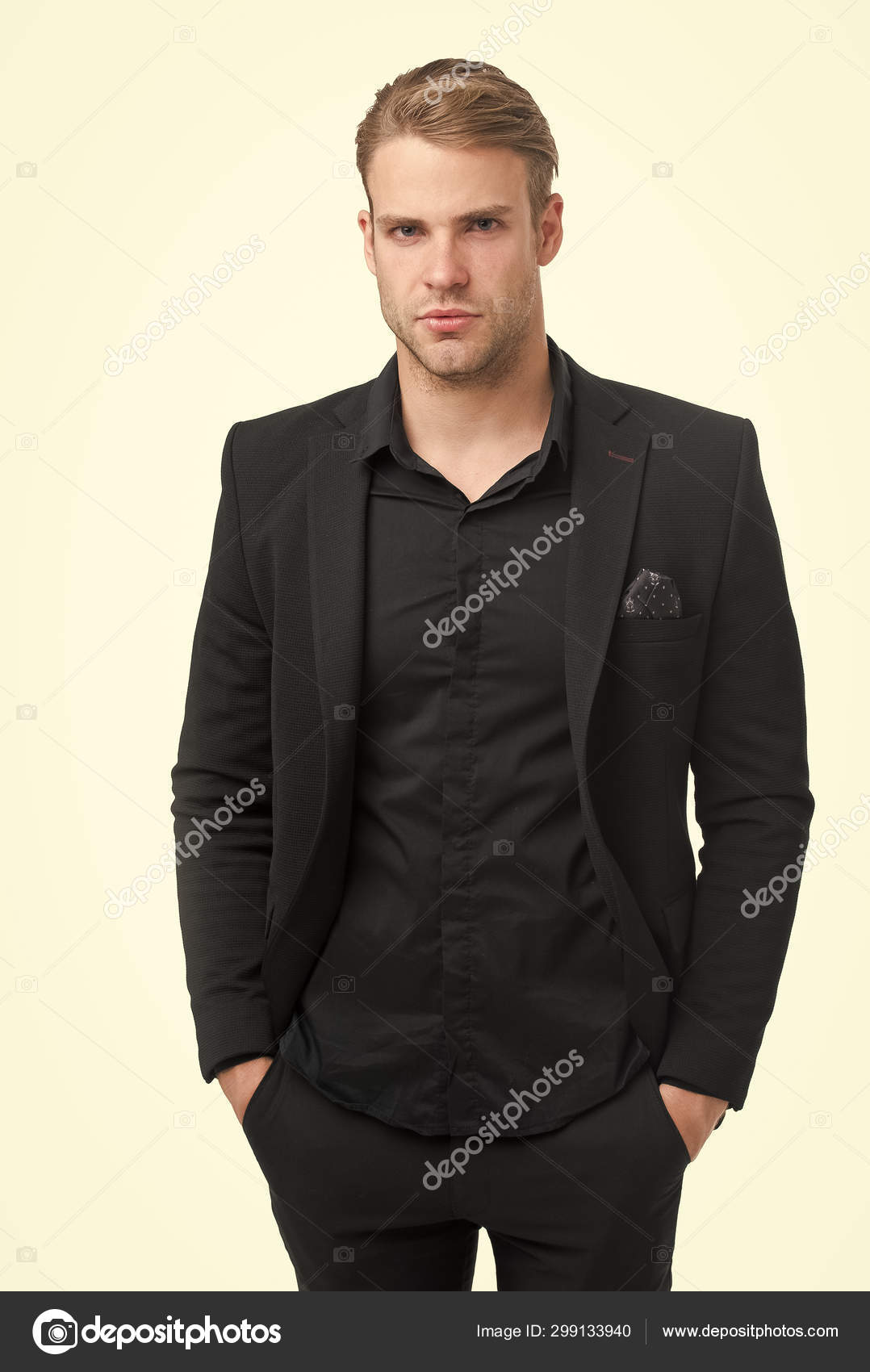 Rules for wearing all black clothing. Black fashion trend. Man elegant  manager wear black formal outfit on white background. Reasons black is the  only color worth wearing. Elegance in simplicity Stock Photo