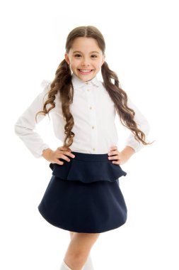 September time to study. Girl cute pupil on white background. Pupil of first grade. School uniform. Back to school. Student little kid adores school. Smiling schoolgirl. Celebrate knowledge day clipart