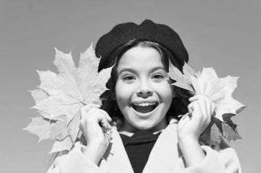 Çocuk sonbahar akçaağaç ile yürüyüş bırakır. Sonbahar coziness sadece civarındadır. Sonbahar ılık sezon keyifli anlar. Yüz tutun yaprakları gökyüzü arka plan gülümseyen kız evlat. Küçük kız sonbahar sezonu için heyecanlı