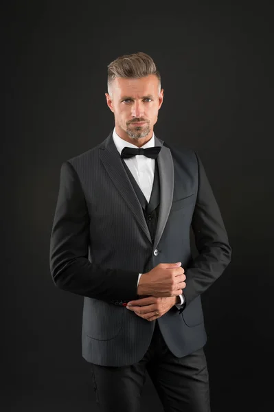Refinement in every detail. Tailored suit. Fashion shop. Rent suit service. Elegant fashion outfit for event. Gentleman modern style. Guy well groomed handsome macho wear tuxedo. Fashion clothes — Stock Photo, Image