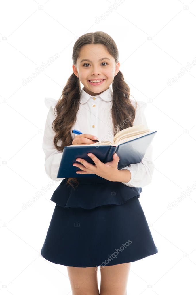 Coordinating process. Focused on education. KId girl student likes to study. Study in secondary school. Private lesson. Adorable child schoolgirl. Formal education concept. School education basics