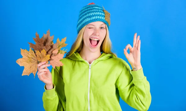 가을 시즌을 즐길 수 있습니다. 가을 스킨케어 팁. 활동적인 레저 및 휴식 가을 시즌. 밝은 순간. 여자는 니트 모자를 착용 하 고 낙엽을 들고 있습니다. 스킨케어 및 뷰티 팁. 가을을 위한 스킨케어 루틴 — 스톡 사진