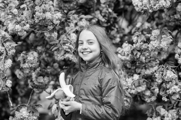 Little girl eat banana. Kid on pink flowers of sakura tree background. Kid enjoying cherry blossom sakura. Happy spring vacation. Spring in botany garden. That is how spring smells. Tender bloom