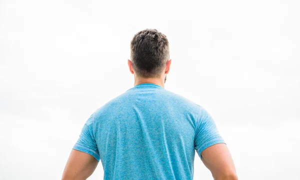 Muscular back man isolated on white. dreaming about future life. looking far in the future. thinking about possibilities. looking up on white background. loneliness. thinking or doubting — Stock Photo, Image