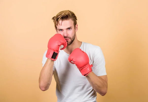 Strong muscles equal weapon. Motivated for victory. Sportsman boxer with gloves. Boxing concept. Man athlete boxer concentrated face. Boxer practice fighting skills. Boxer handsome strict coach — Stock Photo, Image