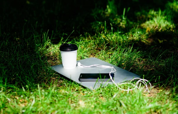 Vacanze estive. Caffè da asporto. Portatile moderno smartphone con auricolari e tazza di caffè su erba verde. Lavoro a distanza. Pausa caffè all'aperto. Lavoro e relax in un ambiente naturale. La sua ora del caffè — Foto Stock