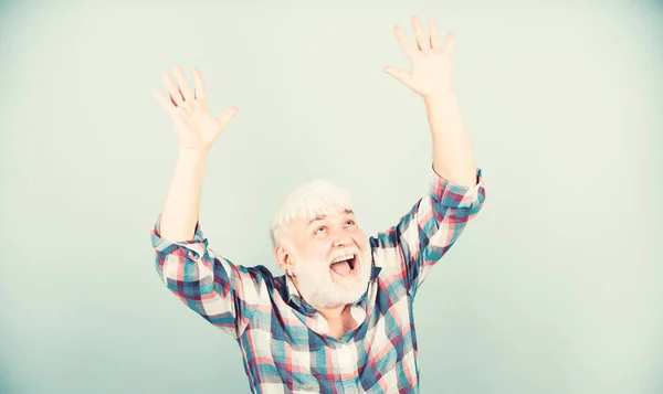 Satisfied achieved success. Life goals. Successful man celebrating achievement. Successful hipster lucky guy. Grandpa happy cheerful joyful. Positive emotion. Finally retirement. Successful pensioner