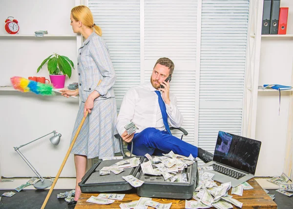 Female discrimination at workplace. Discrimination concept. Woman cleaning up office while boss counting money. Equal rights for education work and salary. Gender discrimination in business life