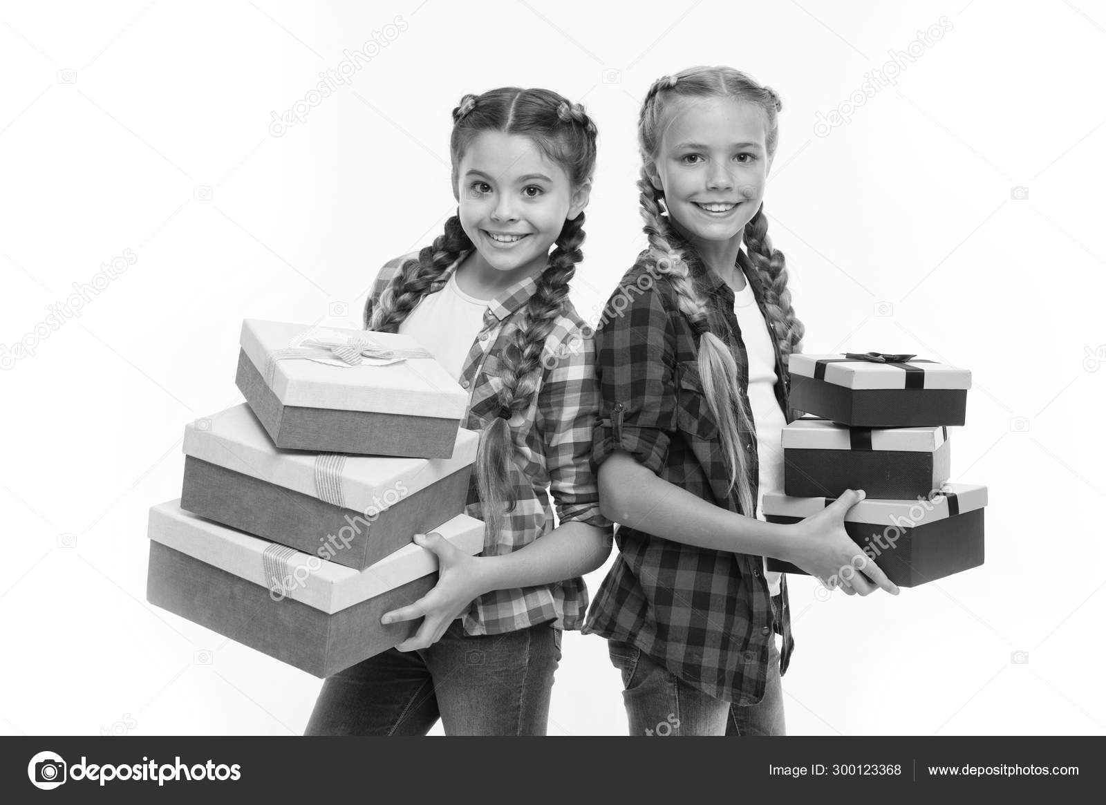 Children Excited About Unpacking Gifts Small Girls Sisters