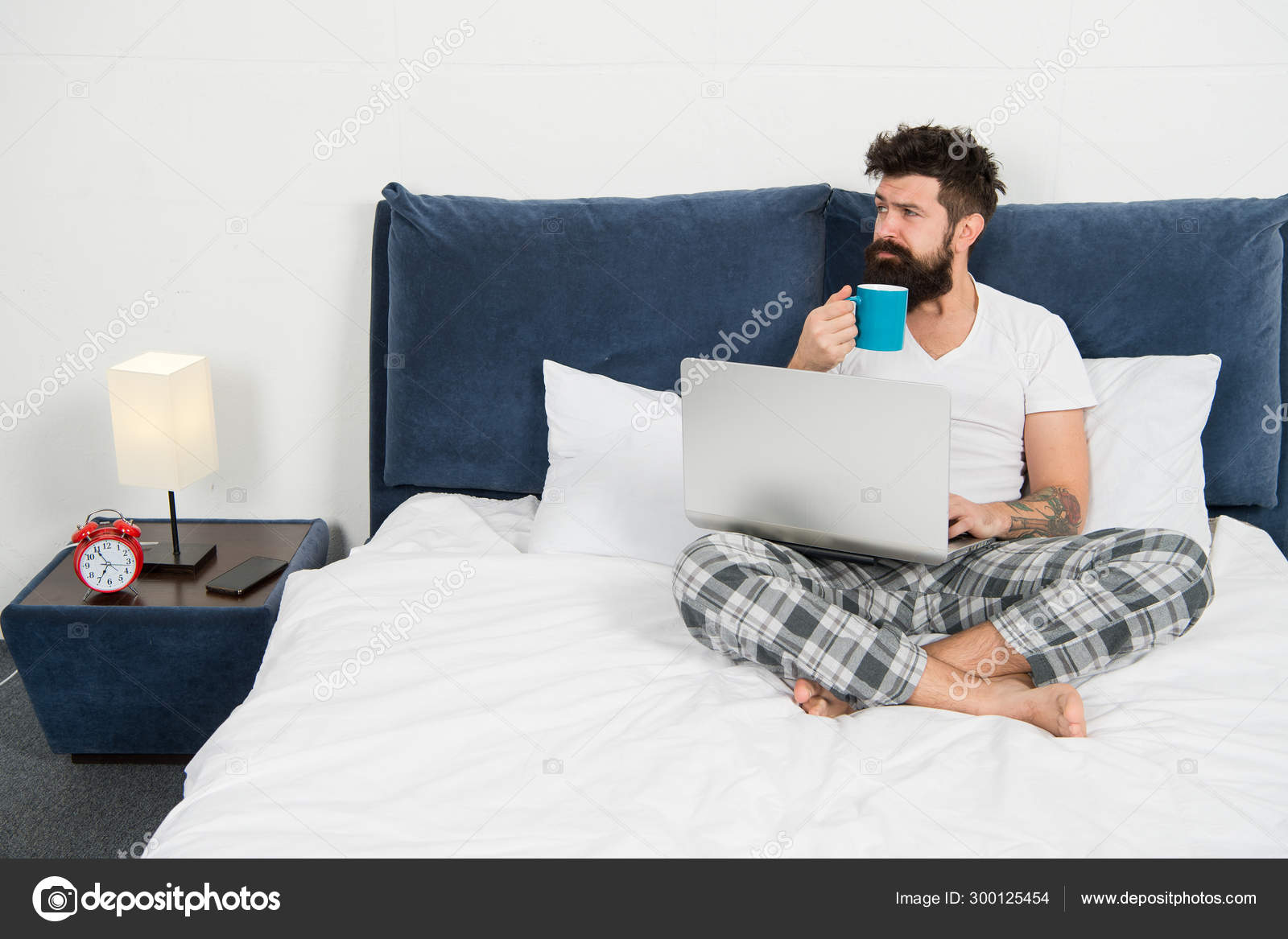 Hipster Bearded Guy Pajamas Freelance Worker Remote Work