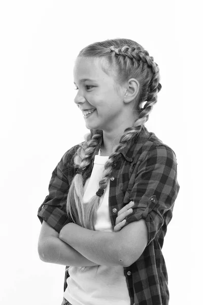 Small girl child with perfect hair. Childhood happiness. International childrens day. small kid fashion. Happy little girl. Looking trendy. Hip hop girl — Stock Photo, Image