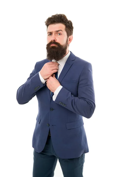 Ambitious and handsome. Ambitious brutal boss man isolated on white. office life. hipster with beard has own business. modern business success. bearded businessman in formal suit. feeling ambitious — Stock Photo, Image