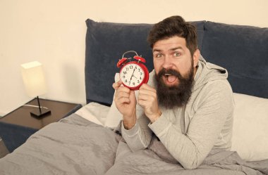 Sakallı hippi uykulu adam uyanıyor. Sağlıklı yaşam tarzı için günlük program. Sabah yine mutsuz. Çalar saat çalıyor. Sabah erken uyanma sorunu. Erken kalk. Erken kalkmak için bahşiş.