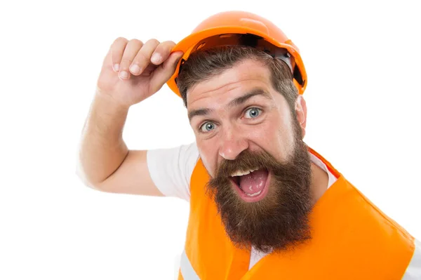 After long working day. Construction industry. Bearded brutal hipster safety engineer. Engineering career concept. Architect builder engineer. Man engineer protective uniform white background — Stock Photo, Image