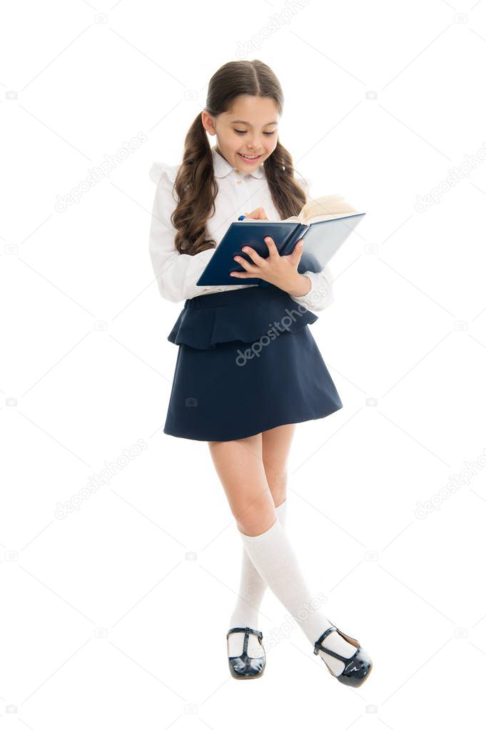 Study in secondary school. Private lesson. Adorable child schoolgirl. Formal education concept. School education basics. Coordinating process. Focused on education. KId girl student likes to study