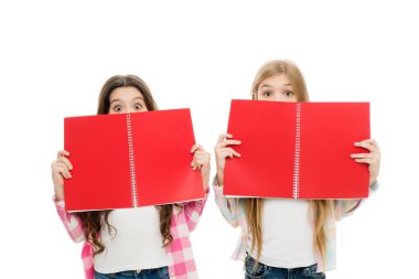 Sınava hazırlanın. Okul kırtasiye. Sınıflara ders kitapları taşıyan öğrenciler. Sınavı geçme konusunda endişelen. Bilgiyi kontrol et. Final sınavı geliyor. Kızlar ders kitaplarıbeyaz arka plan tutun. Okul sınavı kavramı