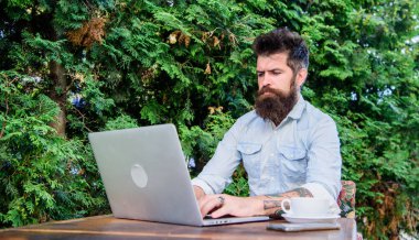 Sabahın erken saatlerinde. Hipster sabahları kahve ve ücretsiz wifi keyfi. Sakallı adam sabah çayı içiyor ve internette geziniyor. İnternet erişimi ile odering sabah kahvesi