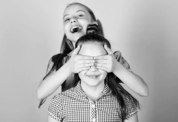 Flickor systrar ha roligt tillsammans. Bedårande systrar leende ansikten. Familj kärlek. Sisterhood-konceptet. Lyckliga barn leker tillsammans. Att ha syster är alltid roligt. Bästa vänner för evigt. Lycklig barndom — Stockfoto