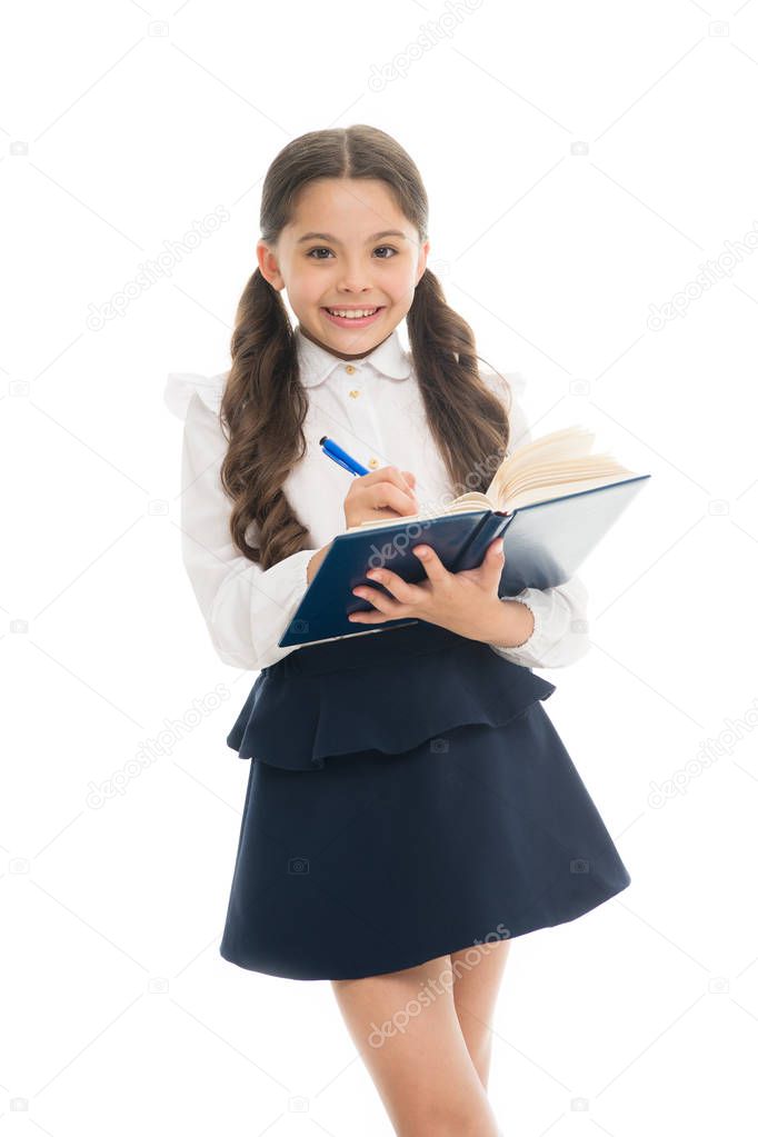School education basics. Coordinating process. Focused on education. KId girl student likes to study. Study in secondary school. Private lesson. Adorable child schoolgirl. Formal education concept