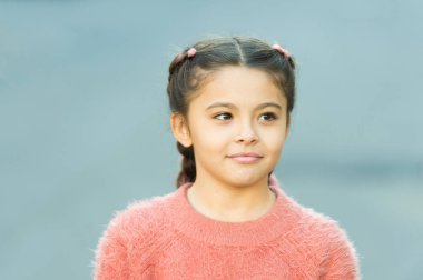 Havalı bir görünüm. Örülmüş şirin şey. Şirin örgüleri olan küçük bir kız. Kanekalon çocuk örgüsü. Saç stili konsepti. Pembe kanekalonla örülü saç stili olan kız. Kuaför salonu.