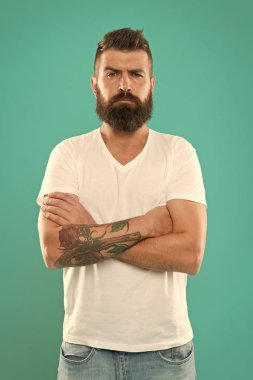 Sakal çocuğu adamdan ayırır. Beyaz adam hipster gibi görünmek için sakal uzaması. Moda sakallı ve saç kesimi olan sakallı adam. Uzun sakallı ve bıyıklı vahşi adam