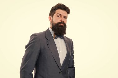 İşadamı veya ana bilgisayar şık kıyafeti beyaz izole. Moda kavramı. Şık tarzı. Adam sakallı hippi giyim Klasik takım elbise. Resmi kıyafeti. Takım çok iyi bak. Şıklığı ve erkek tarzı