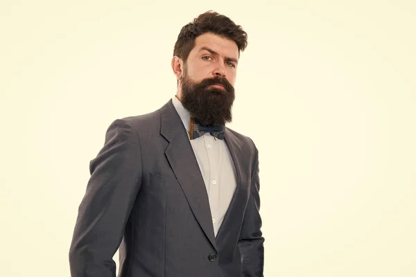 Businessman or host fashionable outfit isolated white. Fashion concept. Classy style. Man bearded hipster wear classic suit outfit. Formal outfit. Take good care of suit. Elegancy and male style