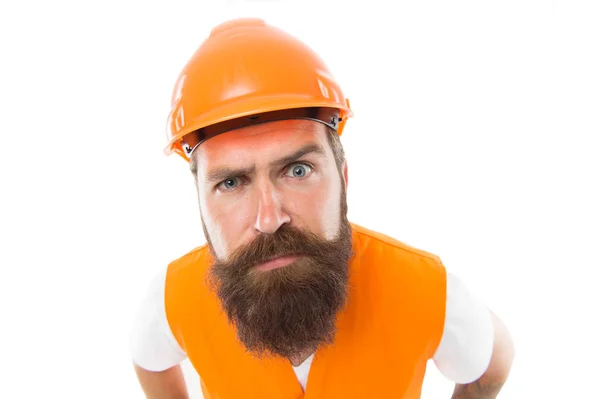 Picky inspector. Safety is main point. Man protective hard hat and uniform. Worker builder confident looking camera. Strong handsome builder. Protective equipment concept. Builder crossed hands chest — Stock Photo, Image