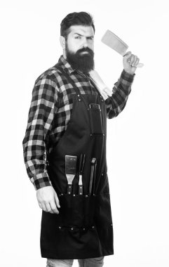 En iyi aşçı en iyi eti kesiyor. Kasap bıçağıyla et şefi. Elinde et kıyma bıçağı tutan sakallı adam. Keskin şef bıçak veya kesici ile Kasap. Bıçak giyen kasap önlük ile Barbekü şef