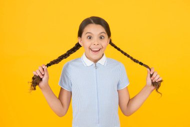 Sevimli örgüler. Sarı arka planda liseli kız öğrenci. Düzenli saç modeli. Sevimli örgülü küçük kız. Güzel örgüler. Örgülü saç modeli kavramı. Örgülü saç stili olan kız. Kuaför salonu