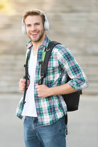 Educational technology use physical hardware software and educational theoretic. College education. College life. Modern and digital. College student headphones smartphone. Listen music. Audio book — Stock Photo, Image