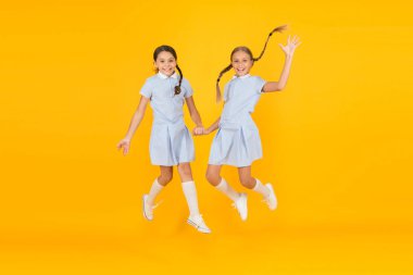 Sevimli örgülerle oynayan küçük kızlar. Güzel kız öğrenciler. Okul konseptine geri dönelim. Kuaför salonu. Sevimli kız öğrenciler. Örgülü saç stili olan kızlar. Neşeli kız öğrenciler sarı arka plan