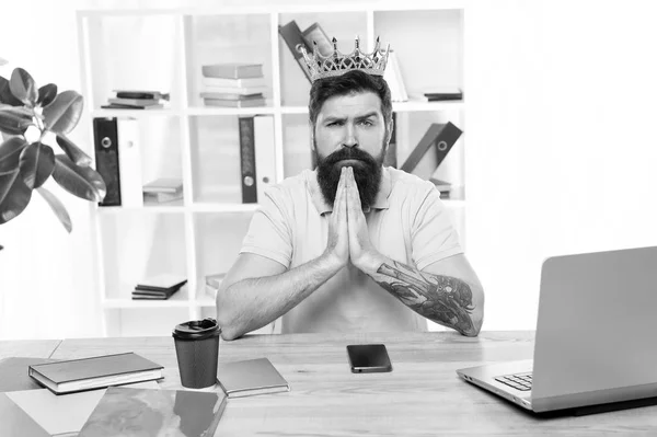 I am the best. King of office. Head of department. Man bearded manager businessman entrepreneur wear golden crown. Top manager head office. Confident boss enjoying glory. Head and boss concept