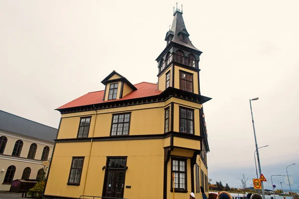 Beautiful old architecture concept. Building scandinavian style with tower or steeple. Scandinavian architecture design concept. Facade exterior scandinavian building. Typical scandinavian exterior — Stock Photo, Image