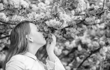 Mutlu bahar tatilleri. Botanik bahçesinde bahar. Bahar böyle kokar. Yumuşak bir çiçek. Küçük kız baharın tadını çıkarıyor. Sakura ağacının pembe çiçekleri üzerinde bir çocuk. Kiraz çiçekli sakuranın tadını çıkaran çocuk.