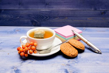 Mavi arka planda bir fincan çay yakın. Gurme lezzetli tadı. Dut çayı. Seramik fincan sıcak taze demlenmiş çay içecek. Sıcak içecek. İçecek aromatik rowanberry içecek. Sağlık halk ilaçları