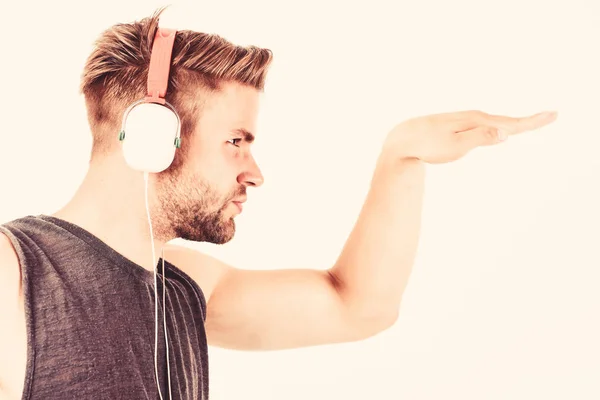 Start this party. Professional musical software and devices. Cheerful dj full of energy. Entertainment concept. Music drives him dance. Equipment for dj. Man handsome dj using modern headphones — Stock Photo, Image