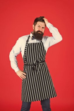 Modern Cafe konsept. Modern yemek yemek. Sakal aşçı hipster önlük olan adam. Hipster Şef yemek kırmızı arka plan. Sakallı adam Şef yemek. Pişirme ev hipster veya restoran. Kendine güvenen onun tarifi