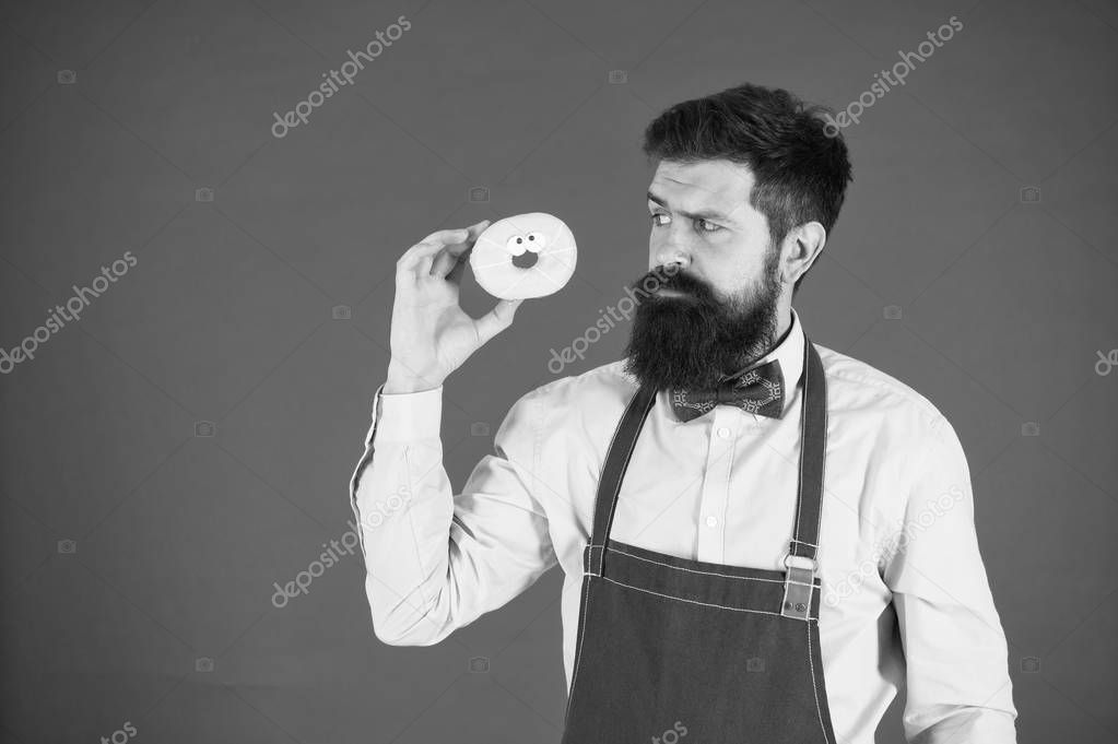Calorie. Chef feel hunger. Calorie counting. Diet and healthy food. gain calorie. Bearded man in chef apron. Chef man in cafe. Food calorie. baker hold donut. Funny hipster chef. Call for delivery