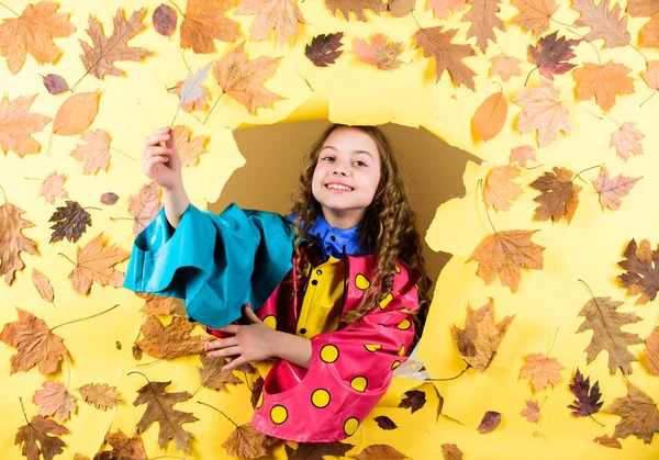 Sonbahar modası. Çocuk kız mutlu su geçirmez pelerin giymek. Su geçirmez aksesuarlar yağmurlu sonbahar günü neşeli ve keyifli olun. Uygun giysilerle sonbahar havalarının keyfini çıkarın. Çocuklar için su geçirmez aksesuarlar