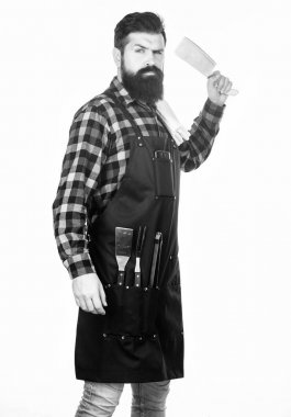 Hassas kesim için mükemmeldir. Kasap baltası tutan acımasız aşçı. Elinde keskin şef bıçağı veya kesici ile Kasap. Kasap bıçağı olan sakallı adam. Kasap önlük giyen et kıyma bıçak ile Hipster